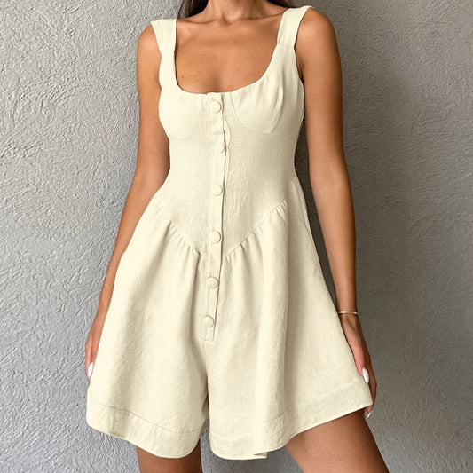 Sommer Khaki Baumwolle Leinen Rundhals Spaghettiträger Ärmellos Jumpsuit Shorts