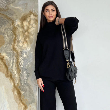 Autumn Winter Women Knitwear Turtleneck Soft Sweater Suit