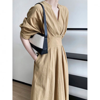 Robe longue amincissante à col de tempérament de Style français, serrée à la taille, coupe cintrée, pour les vacances