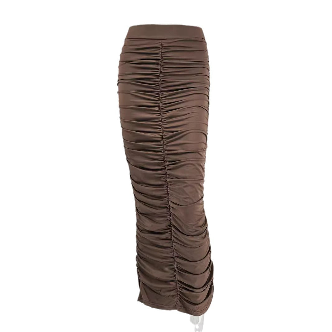 Spring Summer High Waist Ruched Skirt Sexy Tight Back Slit Midi Skirt