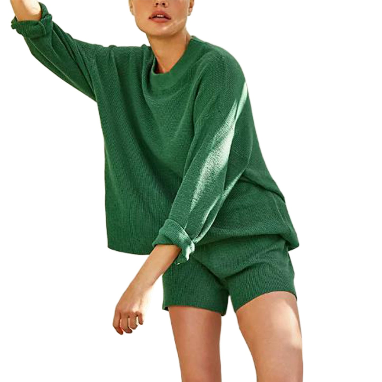 Casual Multicolor Long Sleeve Shorts Knitting Suit