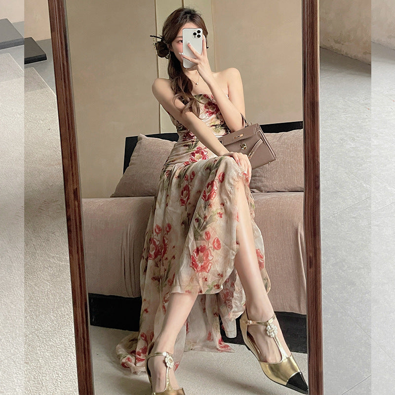 Robe longue sans bretelles à fleurs pour femmes