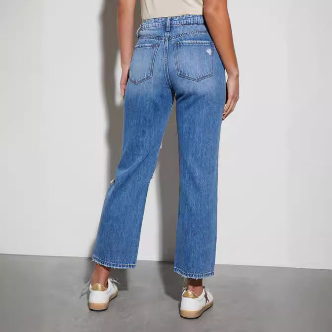 Sommerliche Schlankheits-Jeans aus Baumwolle mit hoher Taille und geradem Bein