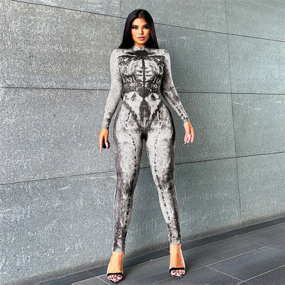 Fall Women Clothing Long Sleeve Digital Printing Slim Fit High Top Sports Jumpsuit Women