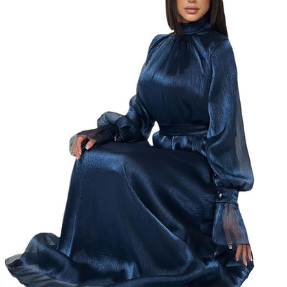 Robe longue en soie brillante, col mi-haut, manches longues, taille haute, à lacets, pour femmes