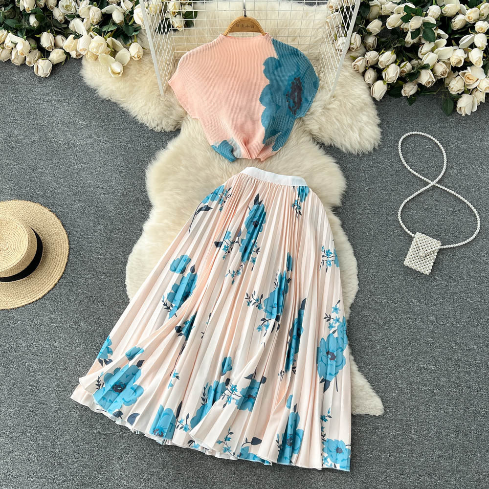 Salt Girlish Style Wear Two-piece Suit Summer Tie-dyed Short T-shirt High Waist Pleated Skirt