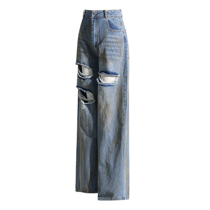 Frühlings-Nischen-Design, mittelhohe Taille, Persönlichkeit, zerrissene Kanten, bemalte lange Denim-Hose mit weitem Bein für Damen