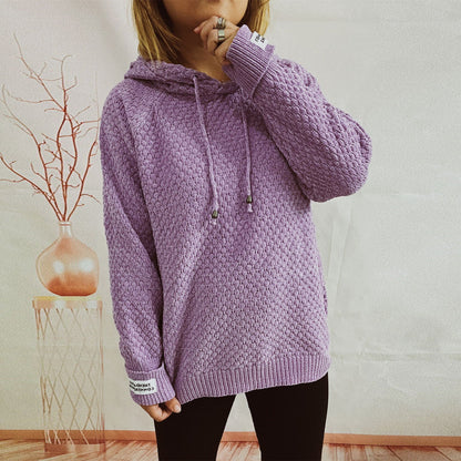 Autumn Winter Hoodie Knitwear Loose Solid Color Patch Sweater Pullover for Women