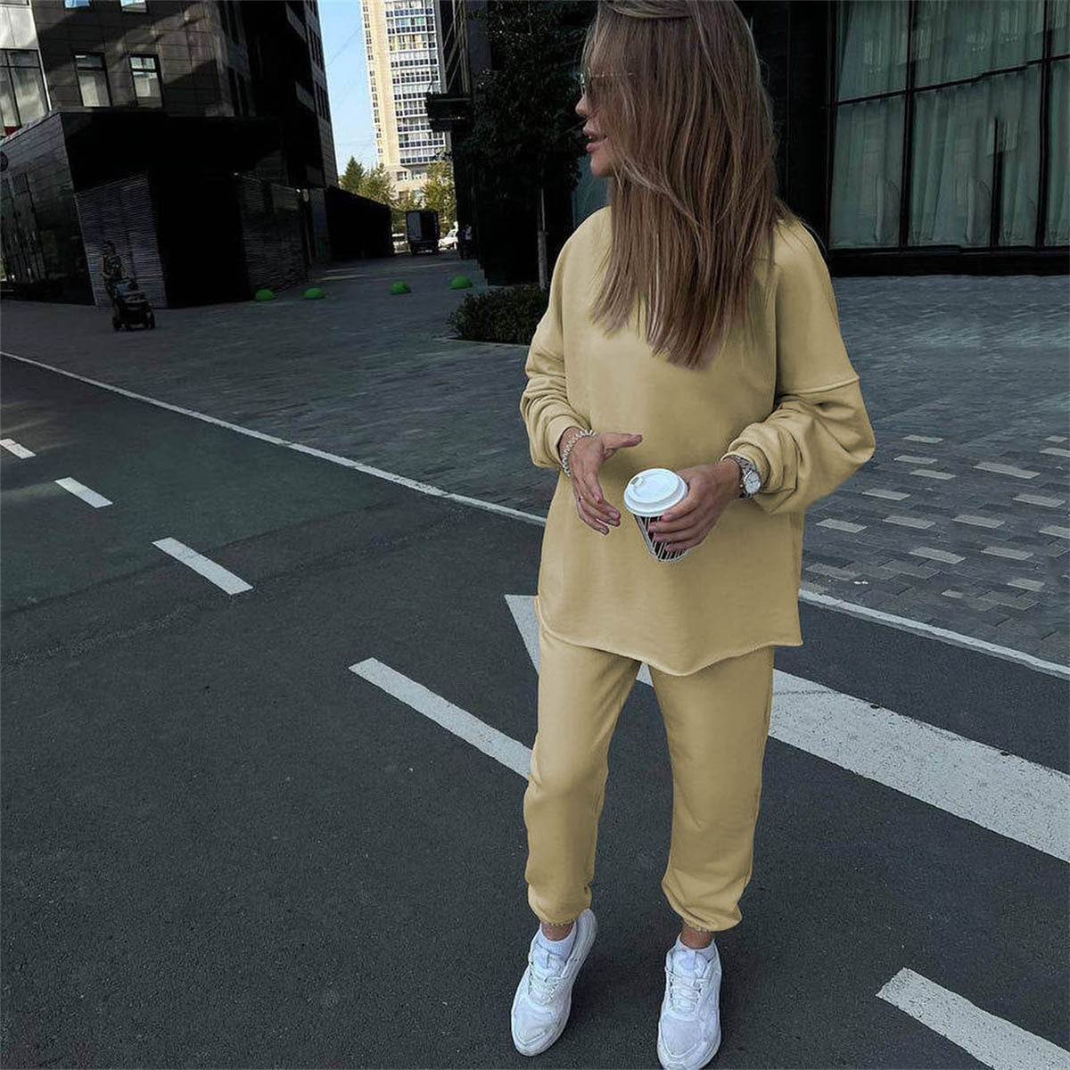 Autumn Winter Pullover Suit Women Long Sleeved Crew Neck Pullover Sweatshirt Sweatpants Two Piece Suit Women Casual