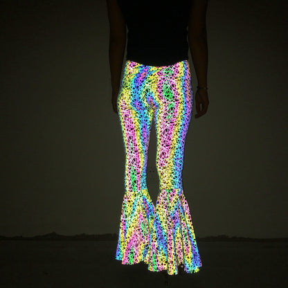 Colorful Reflective Bell-bottom Pants Women's High Waist Wide Leg Trousers