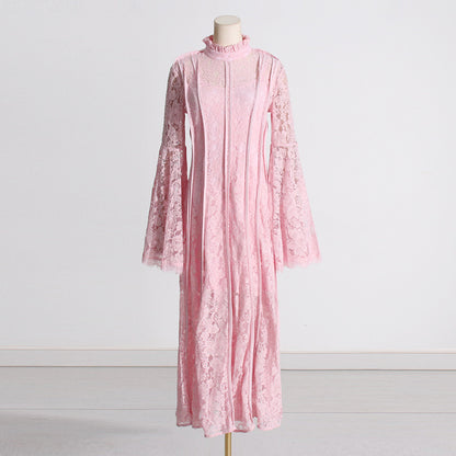 Robe longue plissée en dentelle pour femmes, élégante, rétro française, décolleté brodé, robuste, printemps été