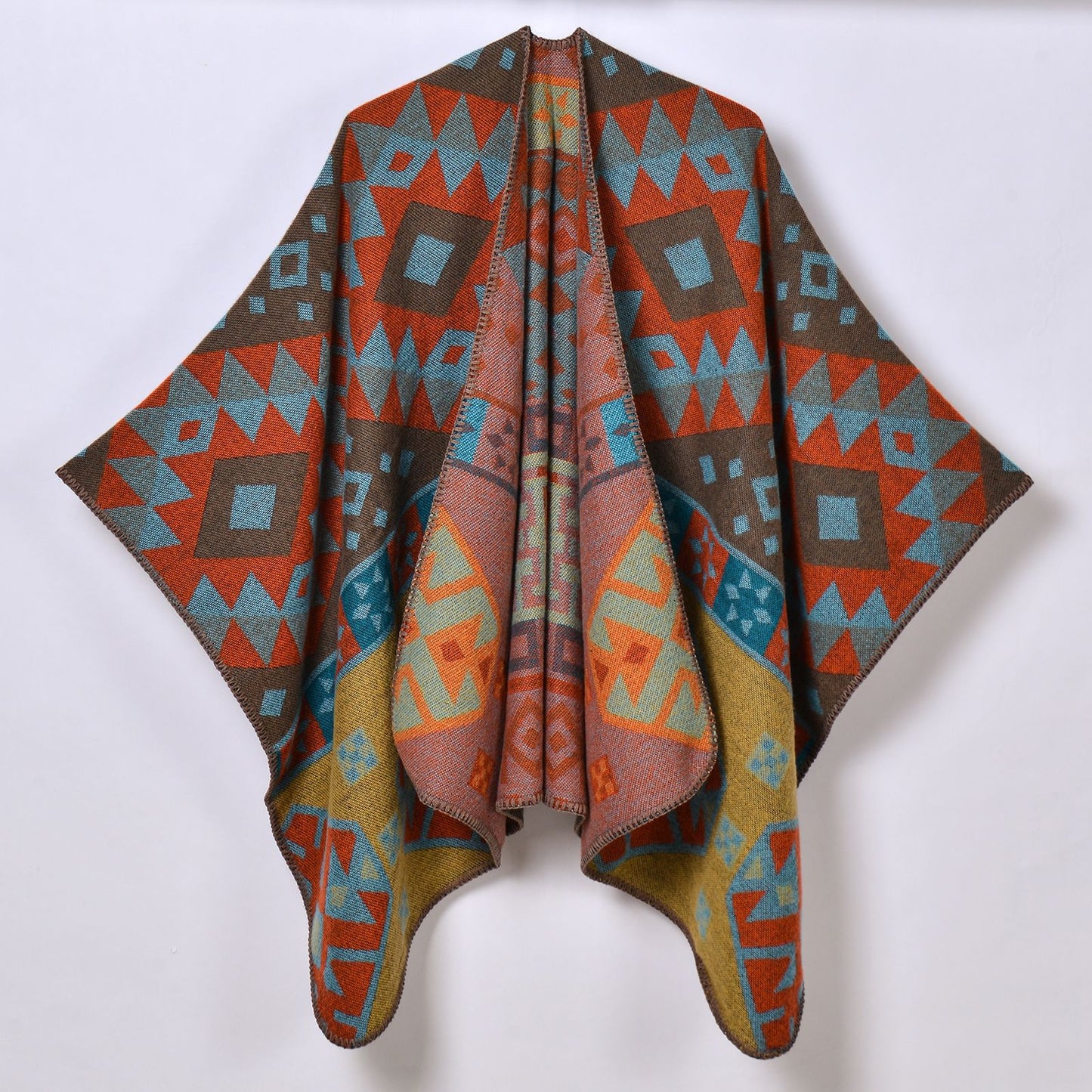 Autumn Winter Retro Women Scarf Geometric Abstract Rhombus Thickened Warm Imitation Cashmere Split Shawl Cape