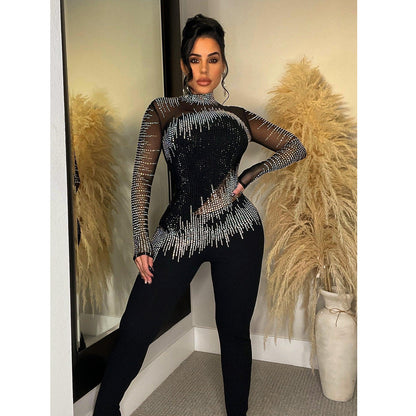 Women Wear Solid Color Mesh Rhinestone Long Sleeved Trousers Jumpsuit