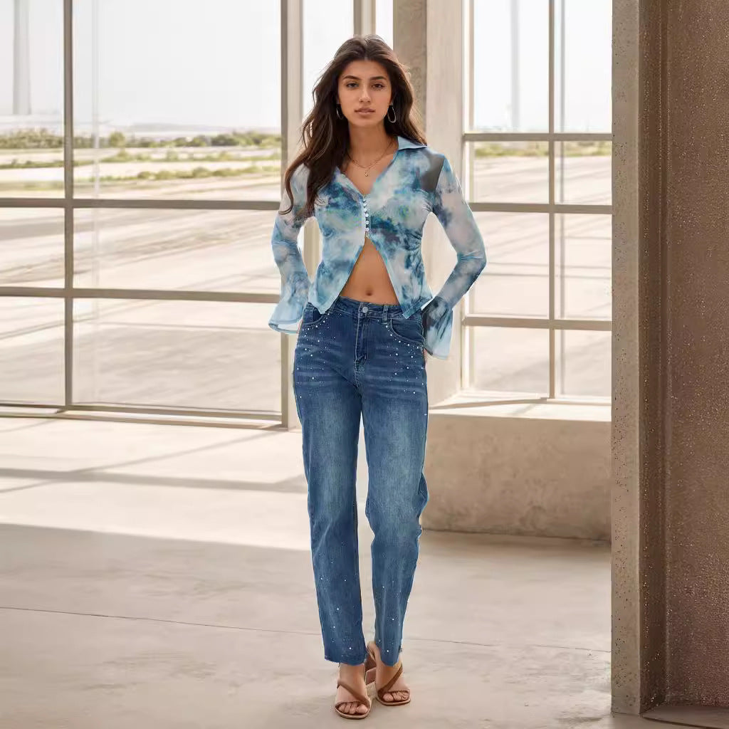 Gerade geschnittene Freizeithose, weicher, bequemer Stoff mit Struktur, schweres Stickmuster, schlankmachende High-Waist-Jeans für Damen