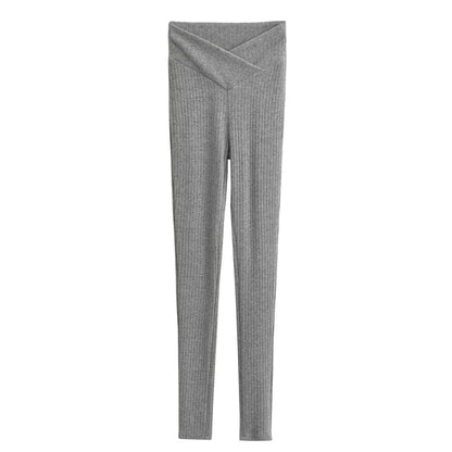 V-Taille Elastische Slim Fit Gestrickte Knöchel Enge Hose Frauen Herbst Winter Vertikale Versunkene Streifen Abnehmen Bleistift Hose