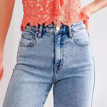 Stretch-Jeans für Damen im Büro, modische Hose mit weitem Bein, verwaschene Stretch-Crop-Jeans