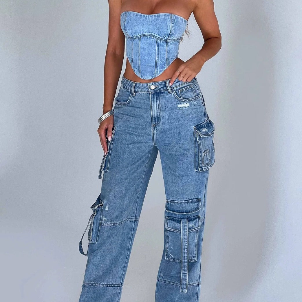 Sexy Figur schmeichelnde Hose mit geradem Bein für Damen, Multi-Pocket-Flip-Tooling-Jeans