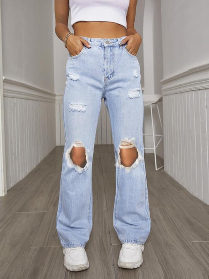 Printemps été trous taille minceur Denim Micro Pull droit tout Match Denim pantalon femmes