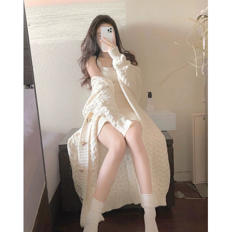 Gentle Milk Glutinous Wind Knitted Suit Dress Female 2023 New Arrival Elegant Mid Length Long Length Cardigan Sweater Skirt Two-piece Set