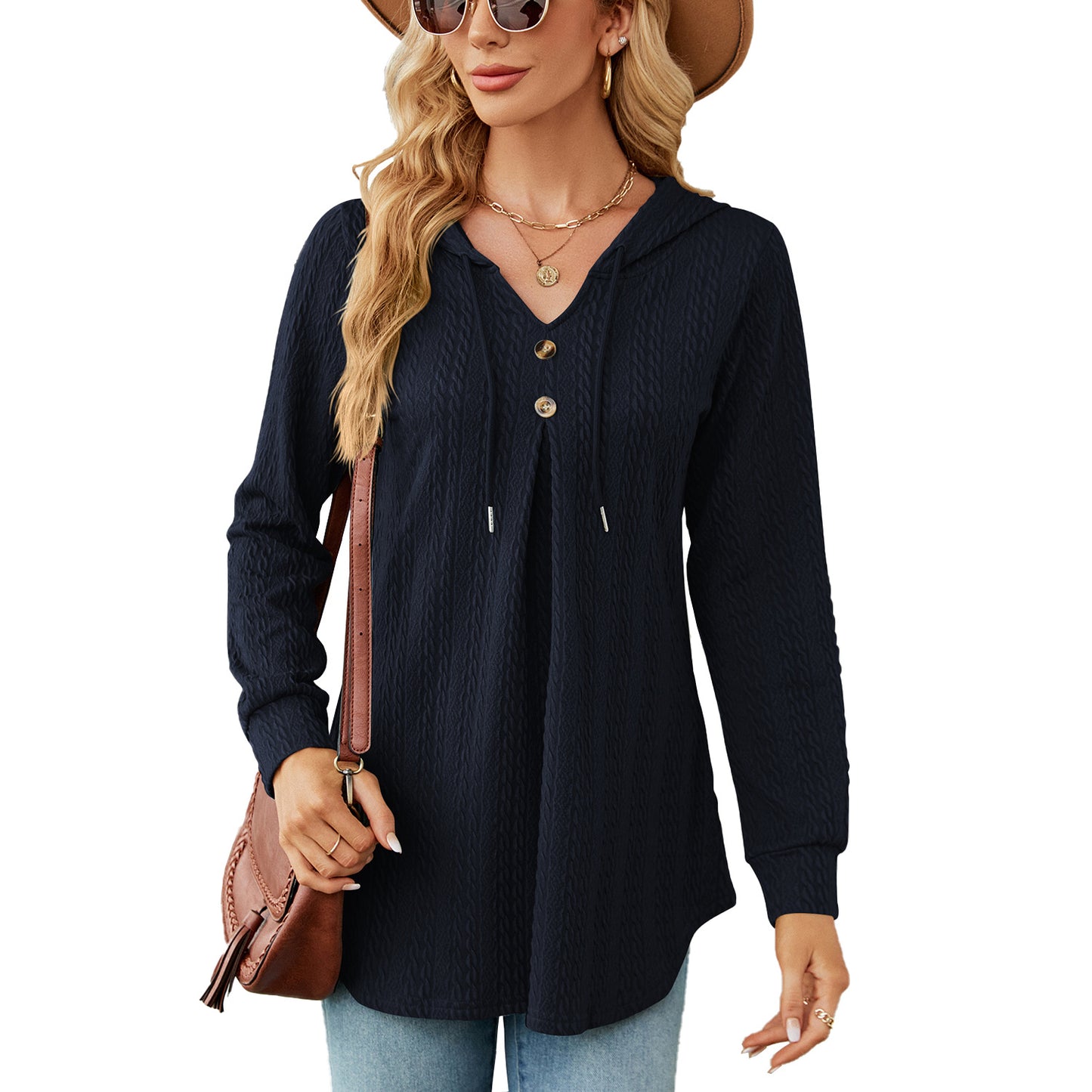 Autumn Winter V neck Loose Long Sleeve Hooded Sweaters Women Clothing Coat Women