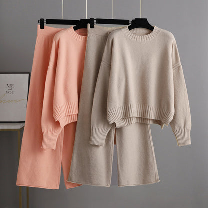 Autumn Winter Casual Knitting Work Pant Women Korean Loose Sweater Wide Leg Pants Pants Two Piece Set