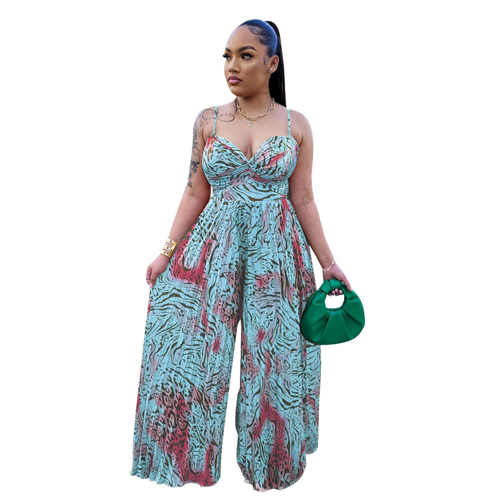 Women Wear Floral Print Sling Pleated Jumpsuit