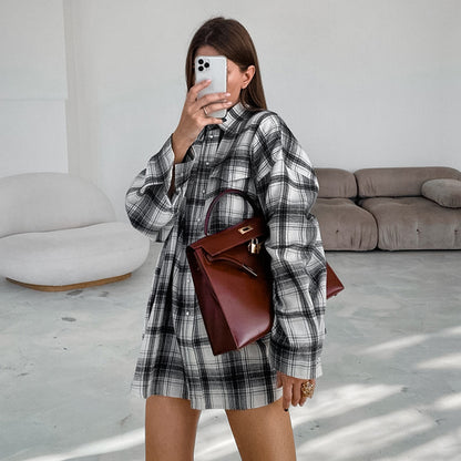 Chemise à carreaux noir et blanc, robe ample à bandes pour femmes