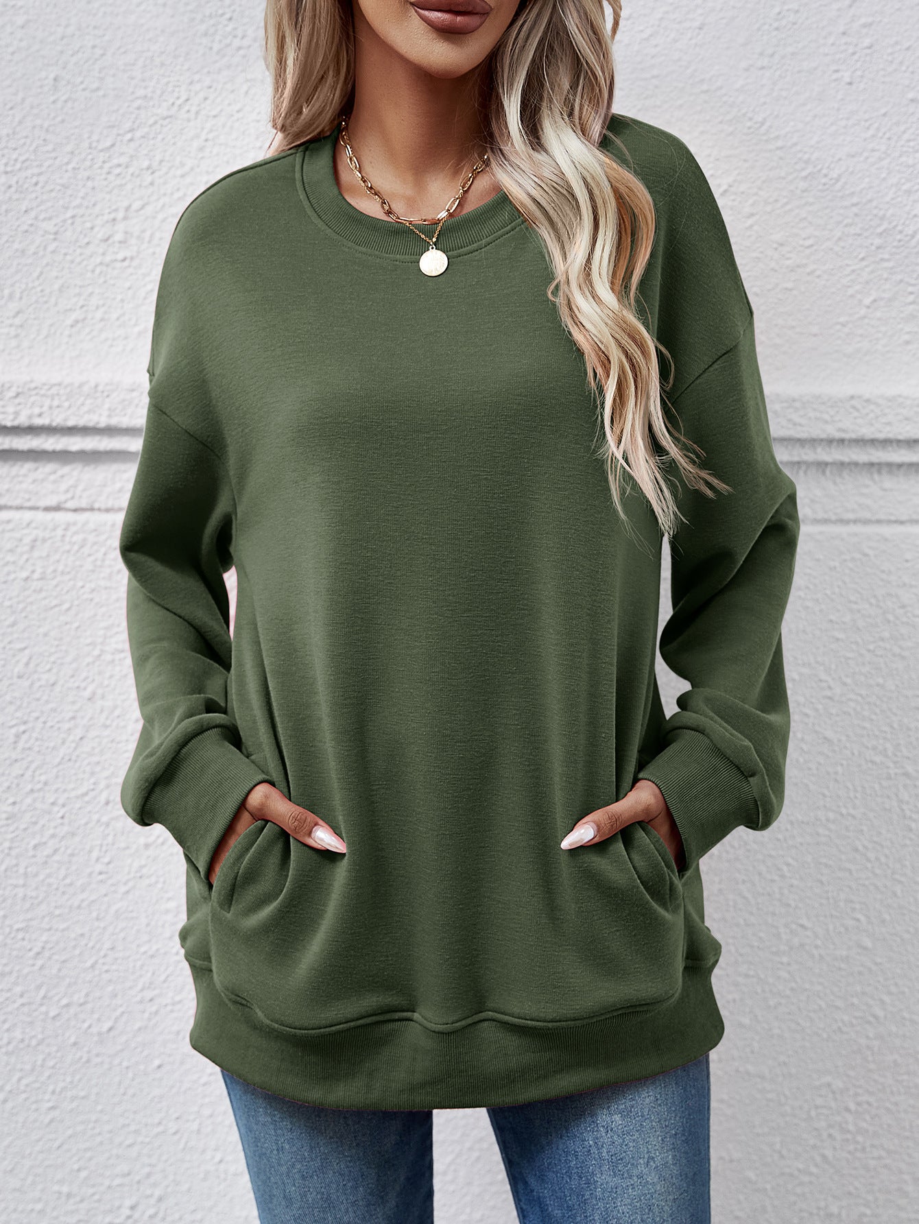 Autumn Winter Women Clothing Brushed Hoody Women Loose Round Neck Pocket Top