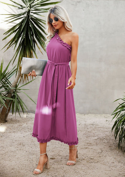 Spring Solid Color Sleeveless One-Shoulder Lace-up Women Dress Chic