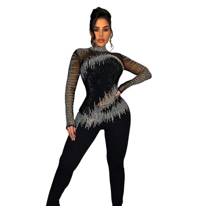 Women Wear Solid Color Mesh Rhinestone Long Sleeved Trousers Jumpsuit