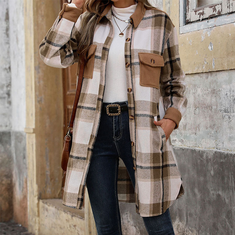 Autumn Winter Women Brushed Plaid Long Coat for Women