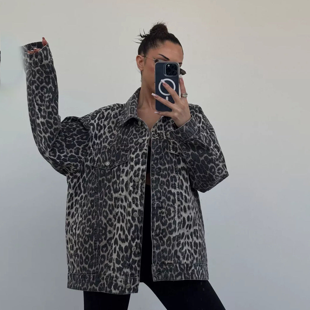 Vintage Leopard Print Nischenkragen Denim Mantel Frühling Modische Lose Trendy Jacke