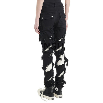 Jeans Goth foncé Double couche couleur contrastée déchirure bordure détruite pantalon fuselé délavé