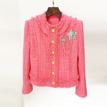 Autumn Winter Stars Bead Badge Rose Pink Tweed Woolen Jacket Coat