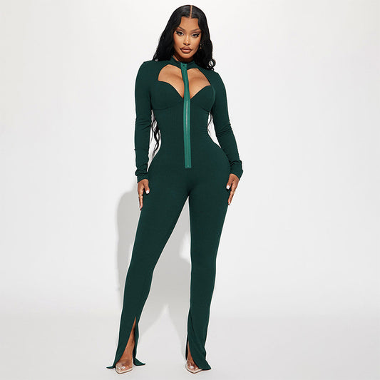 Women Clothing Autumn Winter Sexy Hollow Out Cutout Tight Long Sleeve Zipper Long Conjoined Trousers