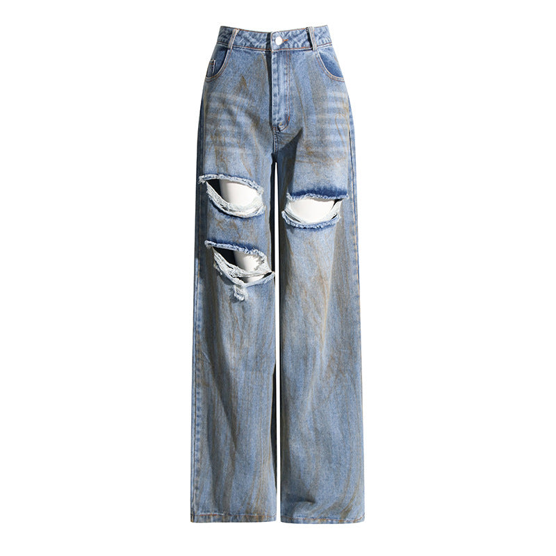 Frühlings-Nischen-Design, mittelhohe Taille, Persönlichkeit, zerrissene Kanten, bemalte lange Denim-Hose mit weitem Bein für Damen