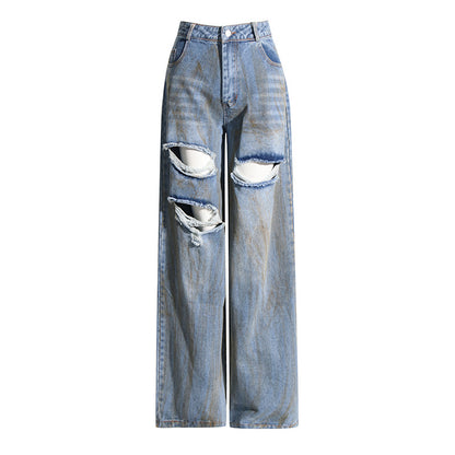 Frühlings-Nischen-Design, mittelhohe Taille, Persönlichkeit, zerrissene Kanten, bemalte lange Denim-Hose mit weitem Bein für Damen