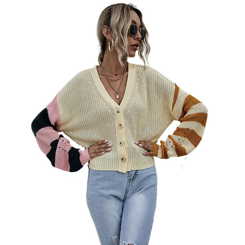 Autumn Sweater Women Stitching Contrast Color Coat Striped Thin Sweater Short Comfort Casual