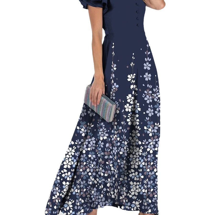 Women's Fashion V-neck Flounce Pastoral Style Waist-slimming Long Dress