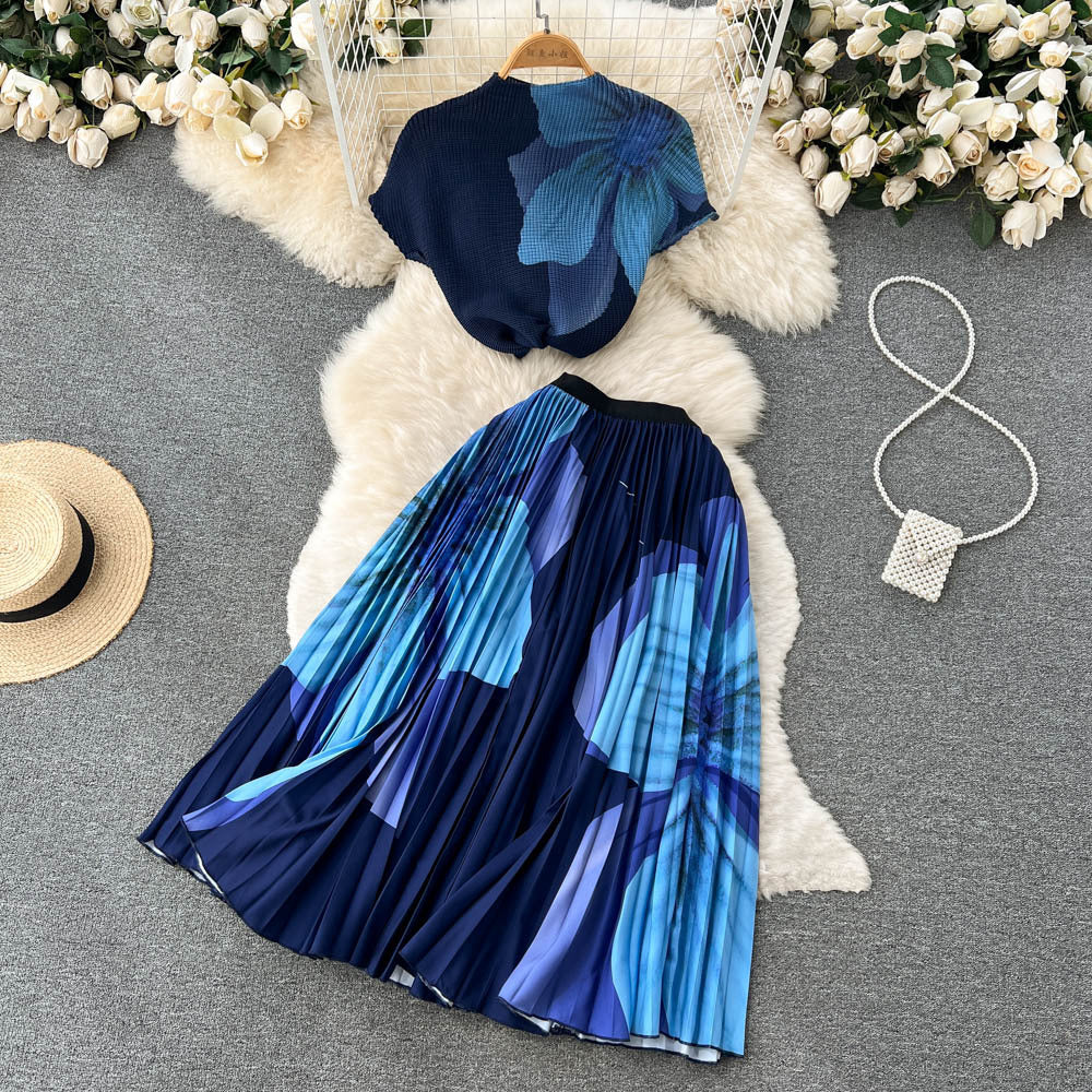 Salt Girlish Style Wear Two-piece Suit Summer Tie-dyed Short T-shirt High Waist Pleated Skirt