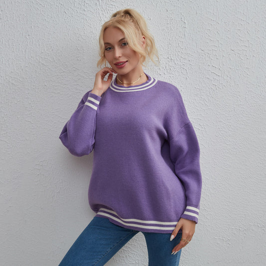 Women Clothing Solid Color Round Neck Striped All Matching Top Simple Autumn Winter Sweater