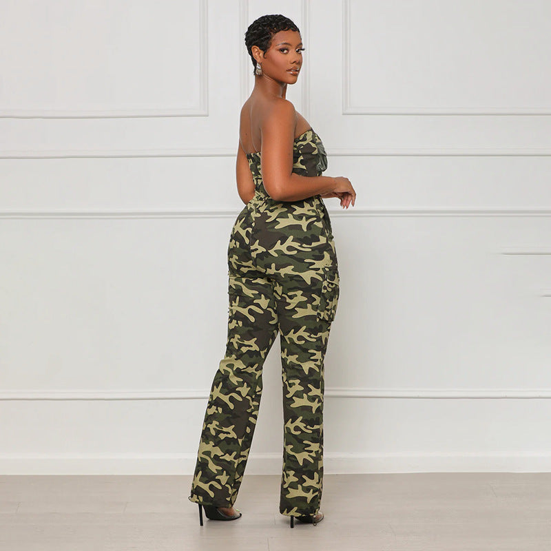 Combinaison de Camouflage Sexy pour femmes, haut tubulaire, épaules dénudées, taille élastique, fermeture éclair, boîte de nuit