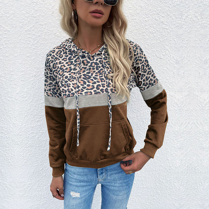 Autumn Women Clothing With Pocket Hoodie With Drawstrings Stitching Leopard Print Sweater