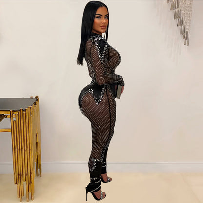 Women Solid Mesh Rhinestone Long Sleeved Trousers Jumpsuit