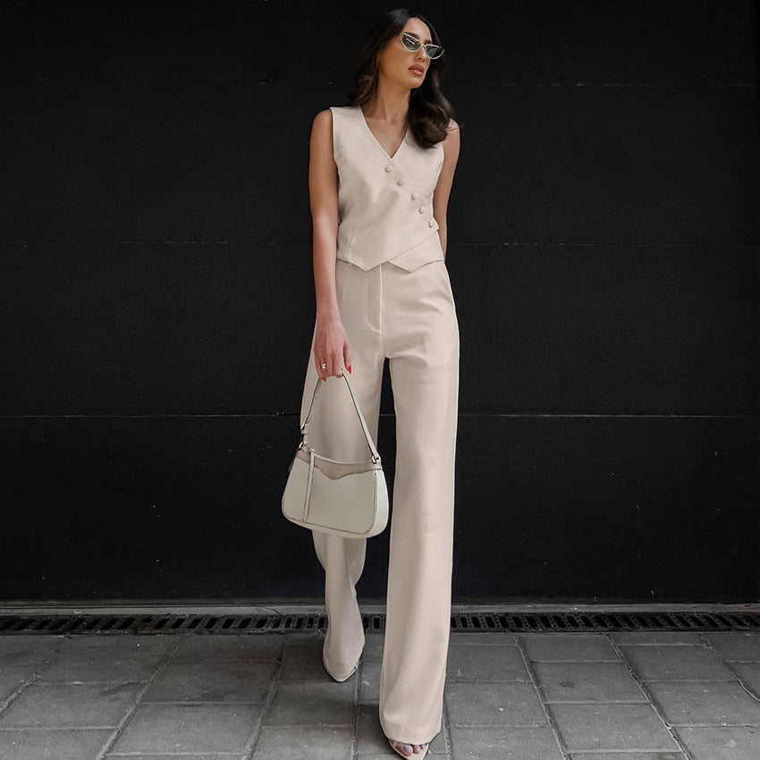 Women's Fashionable Elegant Vest Cotton And Linen High Waist Straight Pants Suit