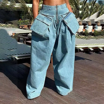 Autumn High Waist Large Pocket Decorative Wide Leg Pants Loose Design Long Jeans for Women