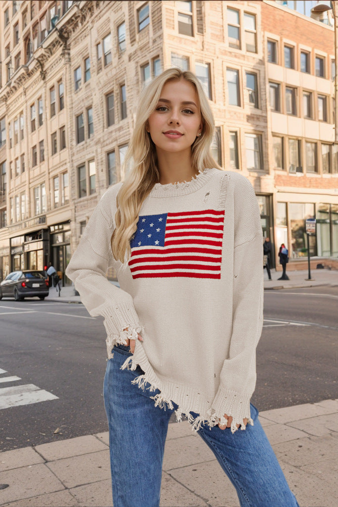 Autumn Winter Round Neck Flag Easter Independence Day Sweater Women