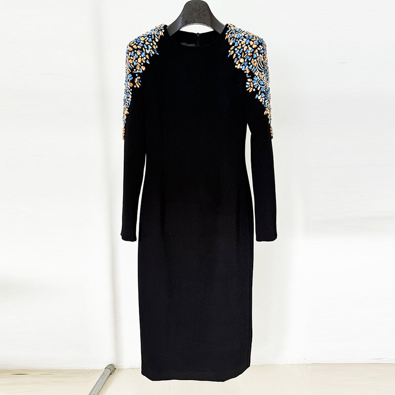 Autumn Winter Star Heavy Industry Beads Diamond Embedded Long Sleeve Mid Length Dress