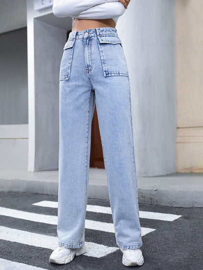 Pantalon en denim taille haute avec poche droite pour femme