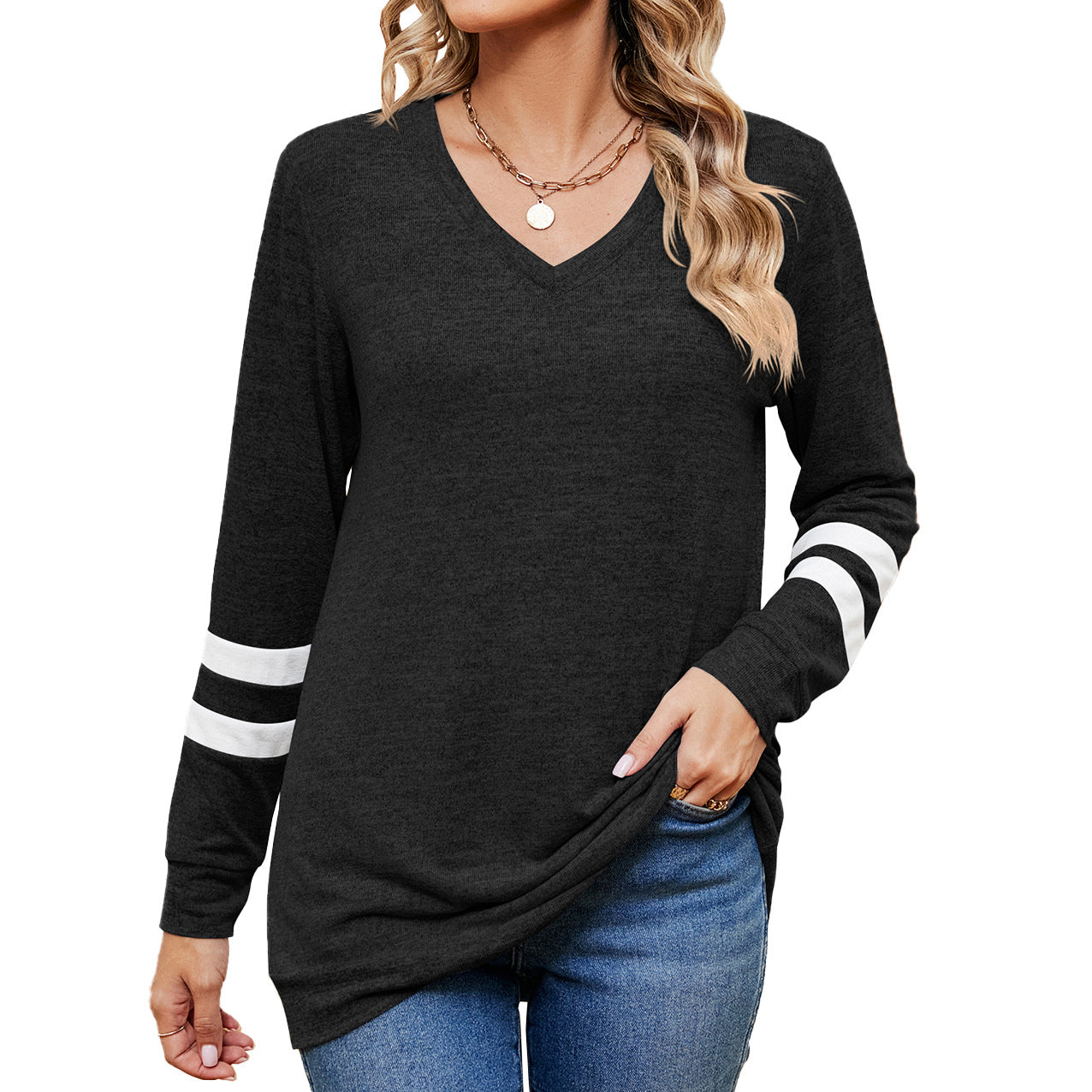 Autumn Winter Solid Color V neck Color Contrast Patchwork Loose Long Sleeved T shirt Top